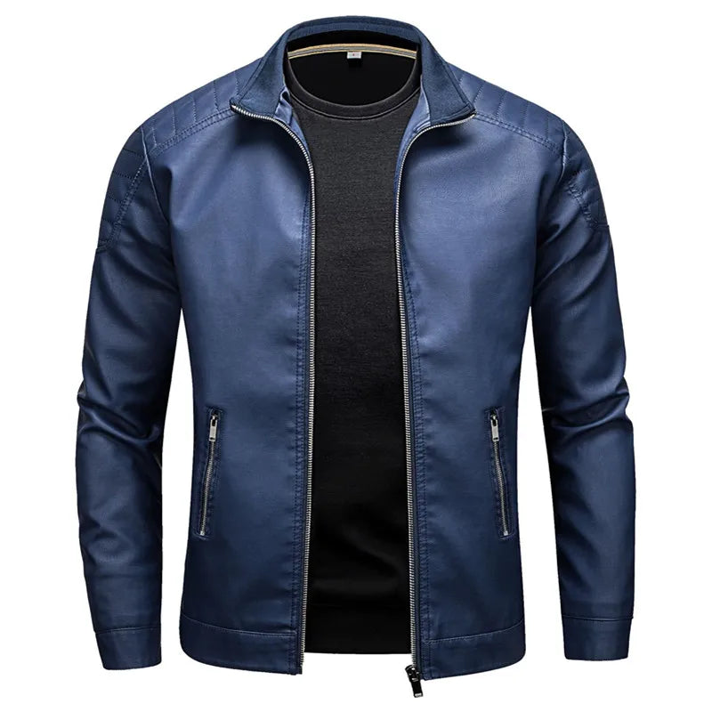 Jaqueta de couro com gola alta masculina, jaqueta casual de couro slim versão coreana