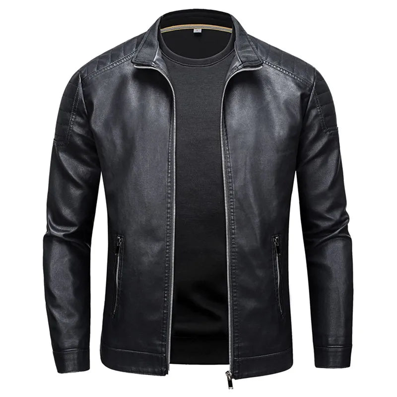 Jaqueta de couro com gola alta masculina, jaqueta casual de couro slim versão coreana